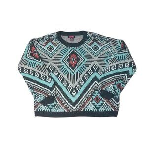 Rock And Roll Denim Sweater Aztec Southwestern Acrylic Women's Size L Turquoise